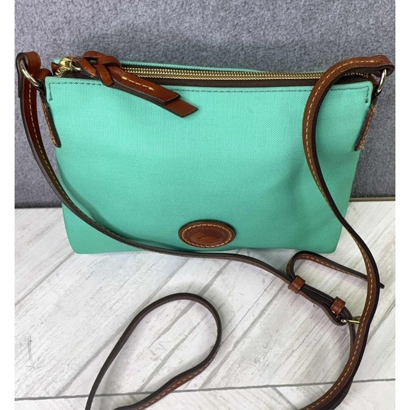 Dooney & Bourke Canvas Crossbody Bag Leather Accents Green Adjustable‎ Strap - Picture 2 of 11